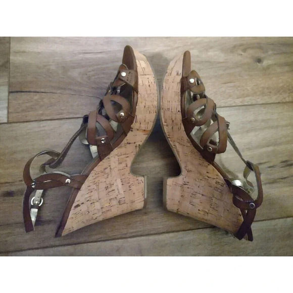 Guess Women's 9.5M Strappy Studded Brown Cork Wedge Platform Sandals - Picture 2 of 6